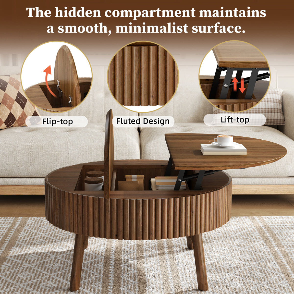 Hidden Streamdale Modern Round Lift - Top Fluted Coffee Table with Hidden Storage, Walnut