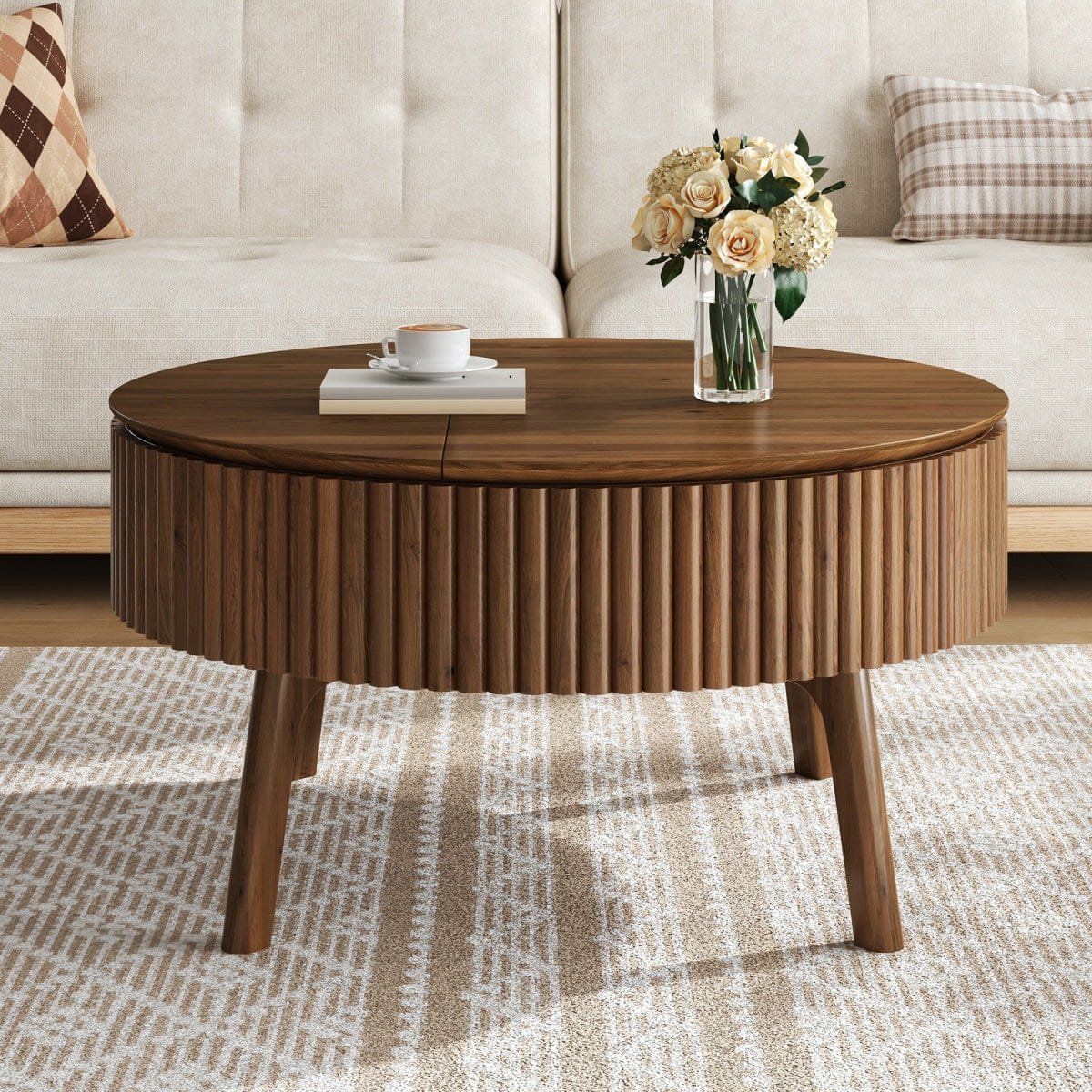 Hidden Streamdale Modern Round Lift - Top Fluted Coffee Table with Hidden Storage, Walnut
