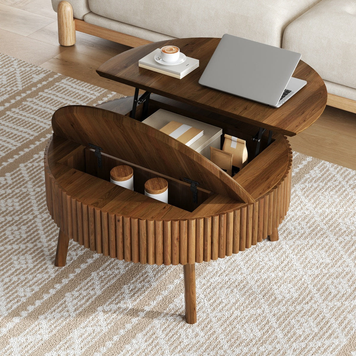 Hidden Streamdale Modern Round Lift - Top Fluted Coffee Table with Hidden Storage, Walnut