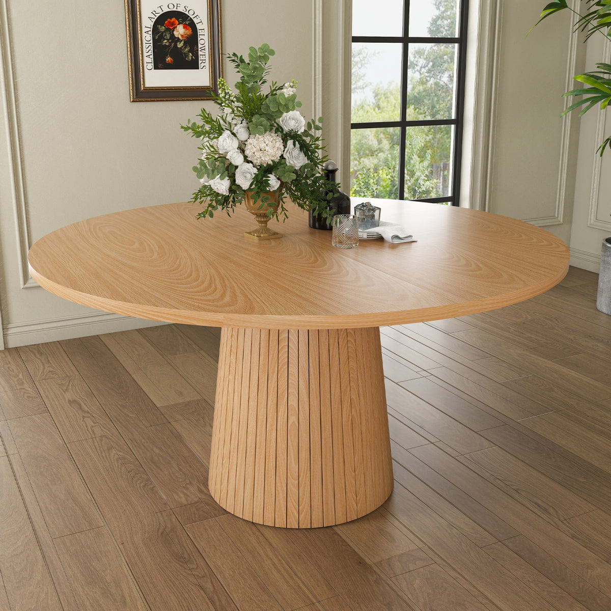 WOOD Streamdale 47" Round Modern Farmhouse MDF Dining Table with Wood Strip Base, Oak