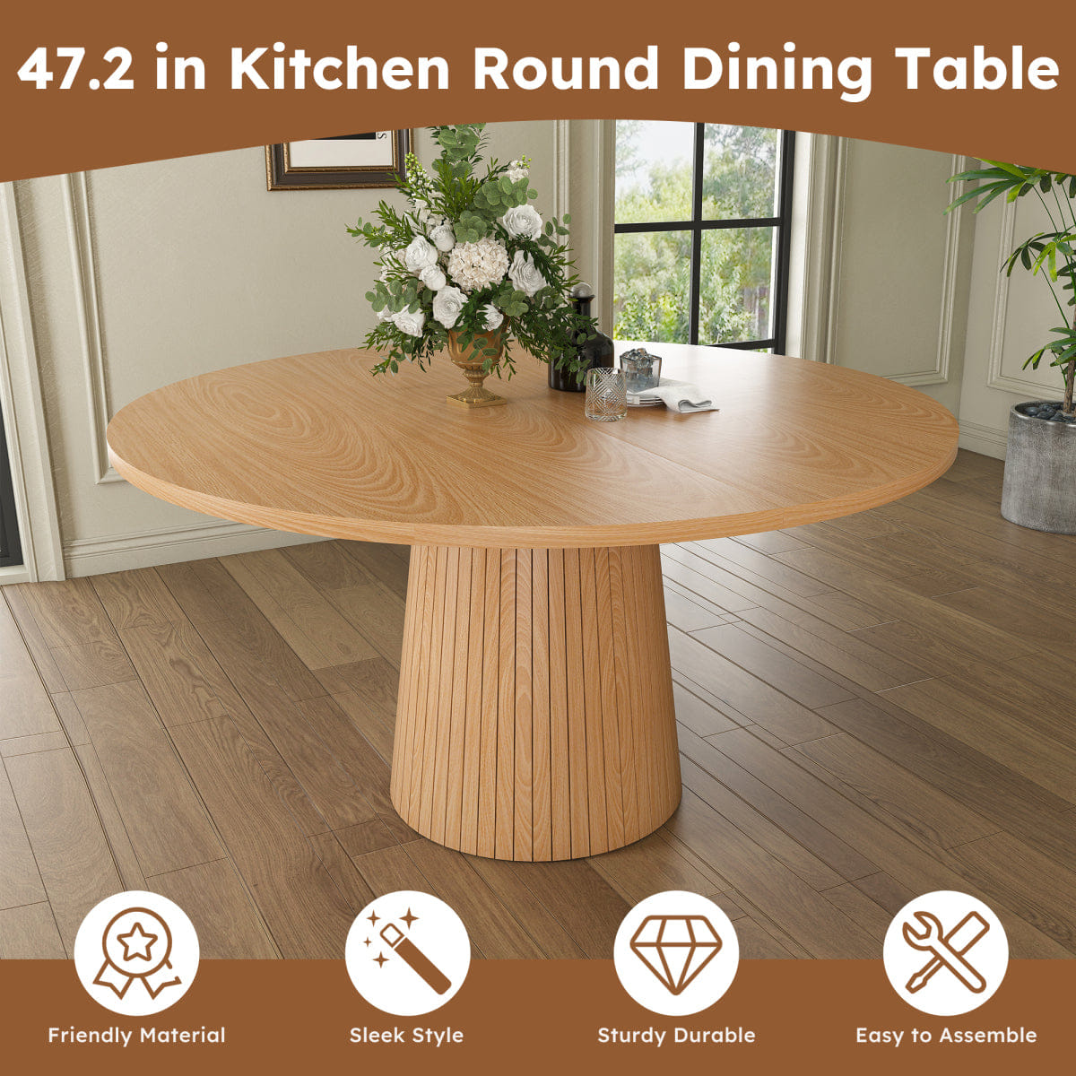 WOOD Streamdale 47" Round Modern Farmhouse MDF Dining Table with Wood Strip Base, Oak
