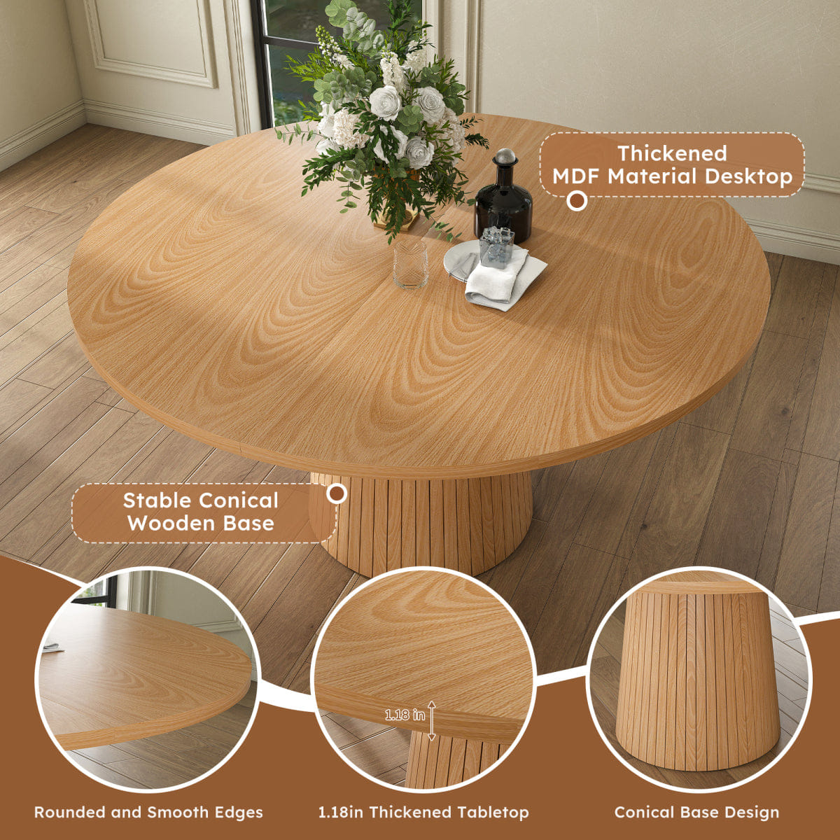 WOOD Streamdale 47" Round Modern Farmhouse MDF Dining Table with Wood Strip Base, Oak