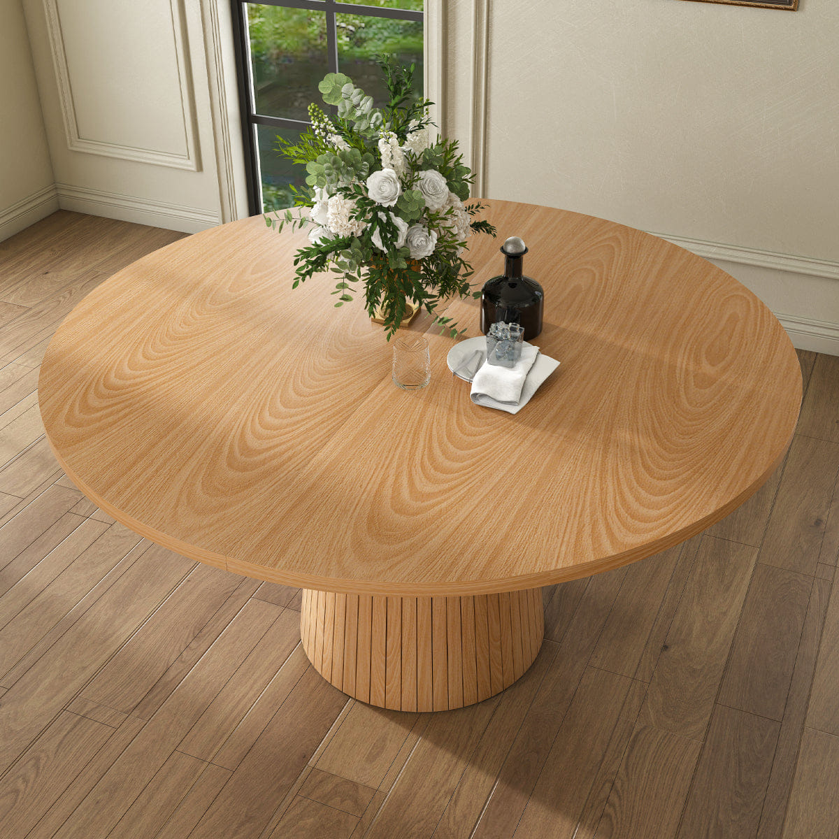 WOOD Streamdale 47" Round Modern Farmhouse MDF Dining Table with Wood Strip Base, Oak