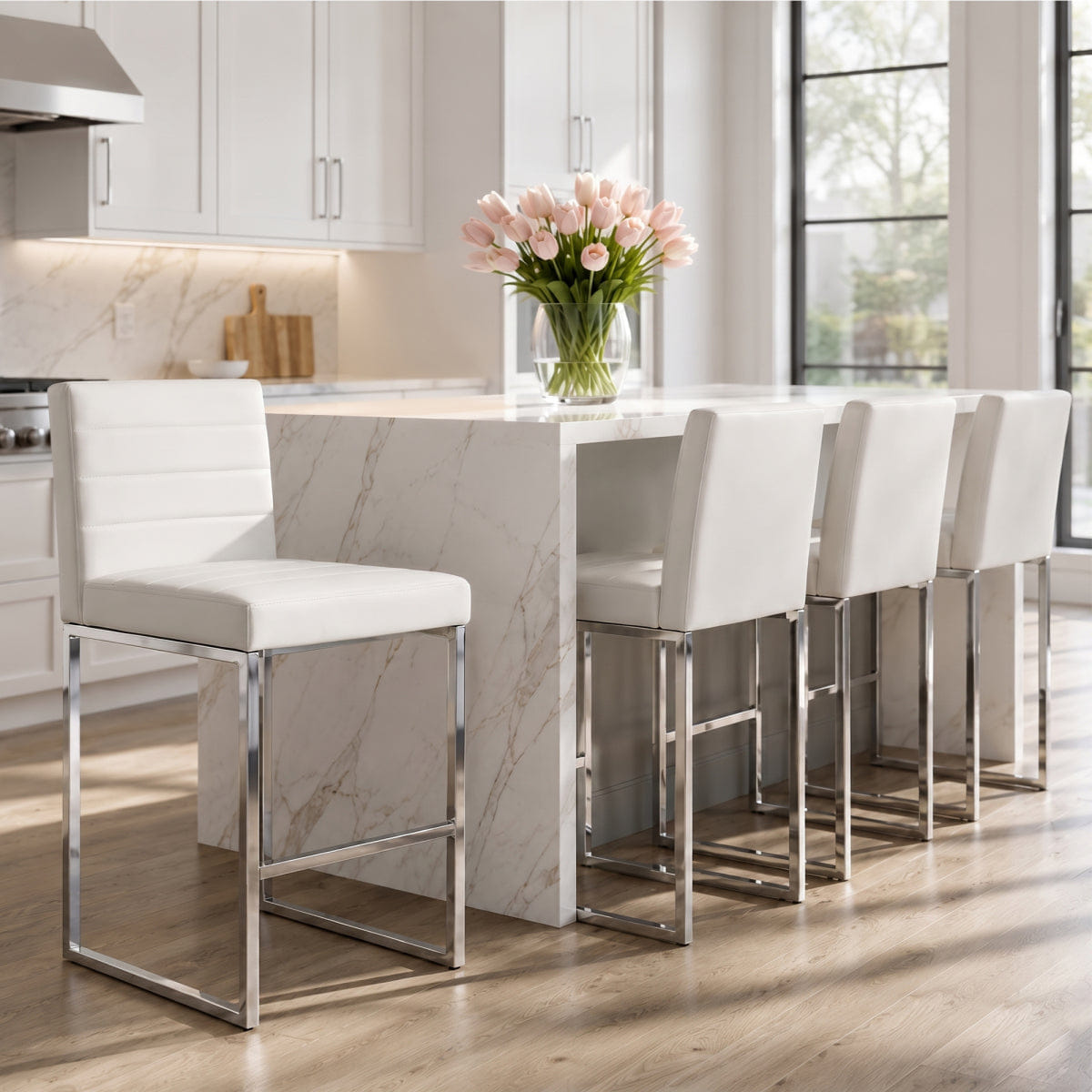 WHITE* Streamdale 25.6" Counter Height Bar Stools Set of 4, White/Silver PU & Metal