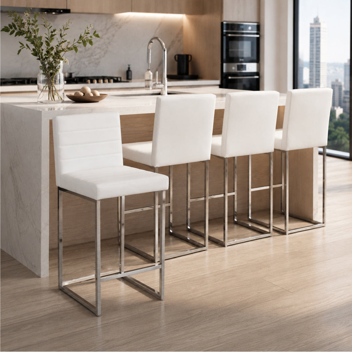 WHITE* Streamdale 25.6" Counter Height Bar Stools Set of 4, White/Silver PU & Metal