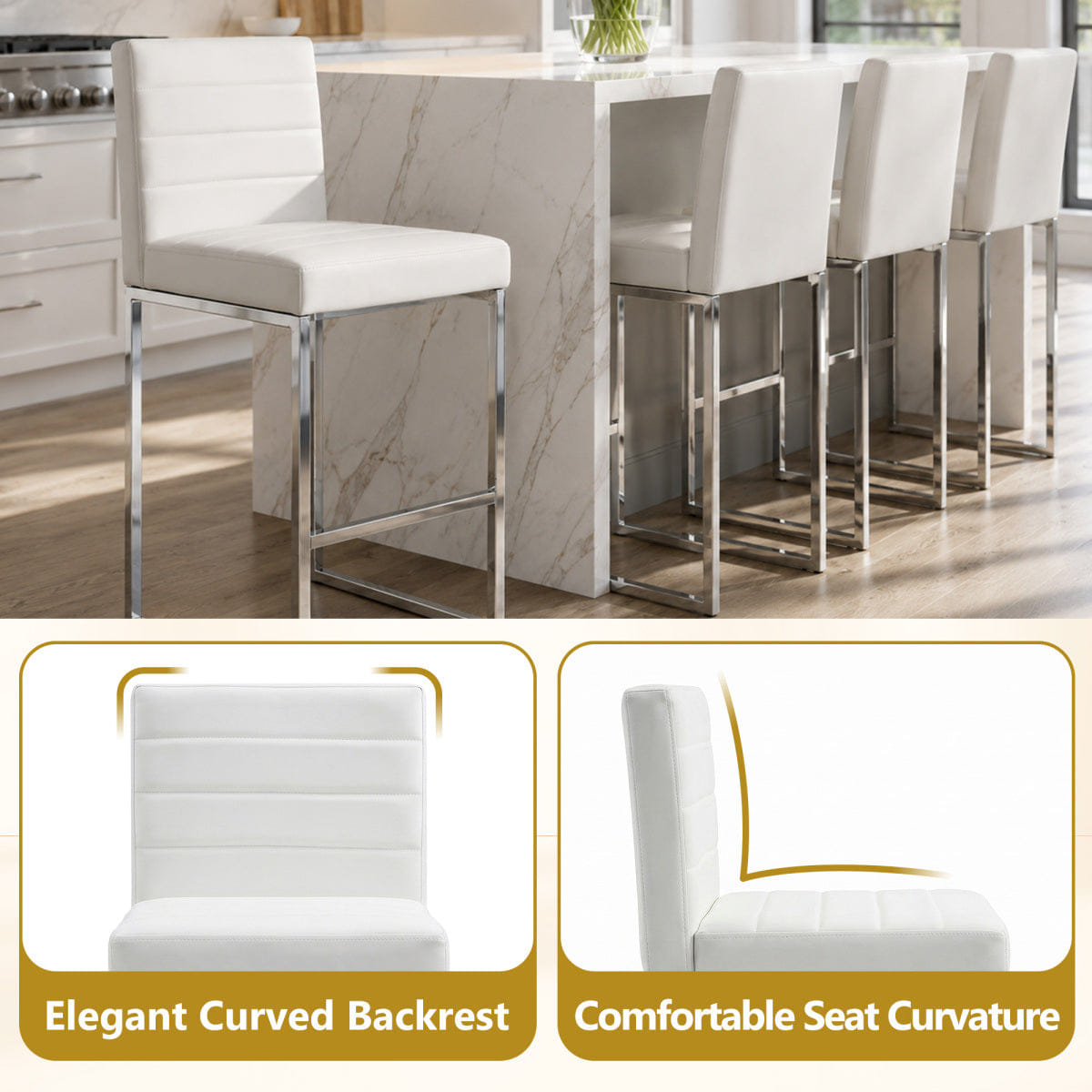 WHITE* Streamdale 25.6" Counter Height Bar Stools Set of 4, White/Silver PU & Metal