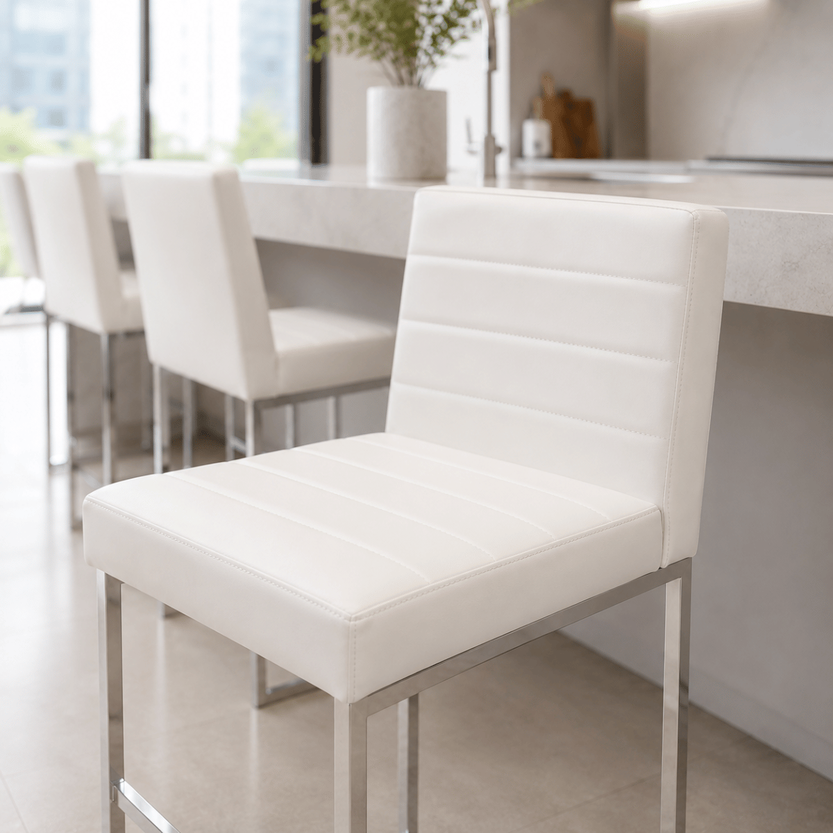 WHITE* Streamdale 25.6" Counter Height Bar Stools Set of 4, White/Silver PU & Metal