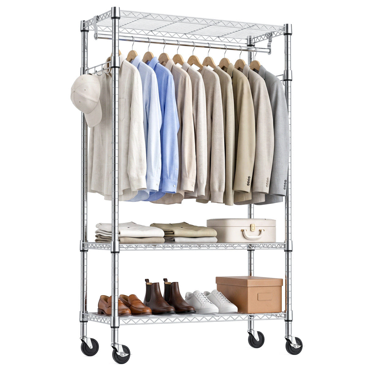And Streamdale Heavy Duty Rolling Garment Rack with 3 - Tier Shelves and Rods Chrome