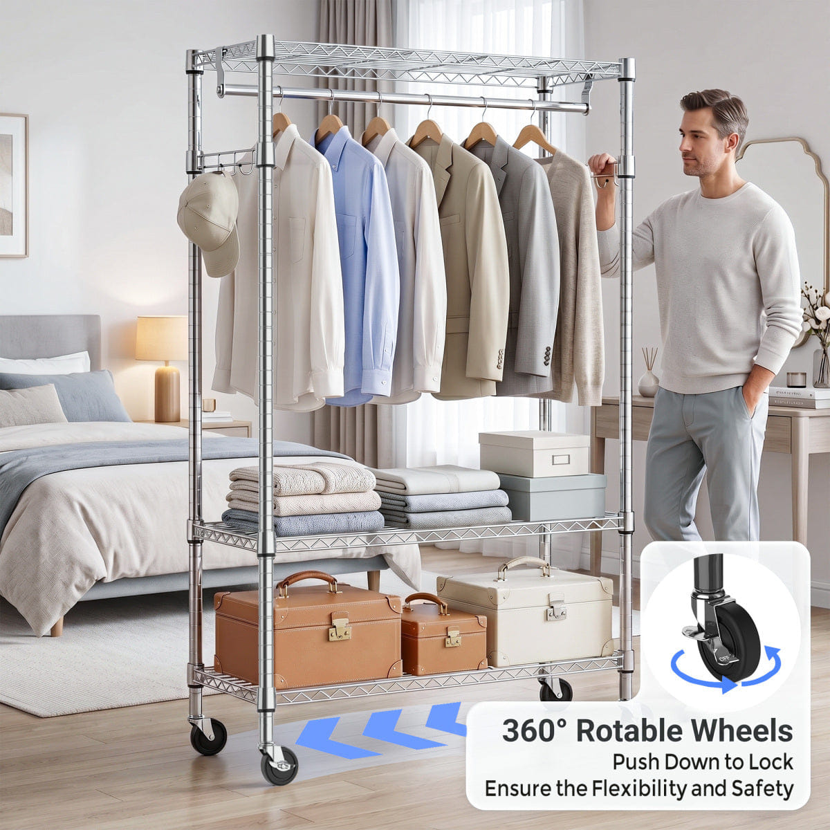 And Streamdale Heavy Duty Rolling Garment Rack with 3 - Tier Shelves and Rods Chrome