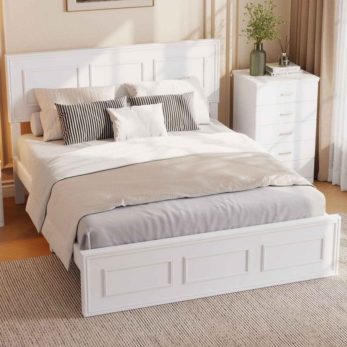 WHITE* Streamdale Full Size Wood Bed with Adjustable Headboard, White