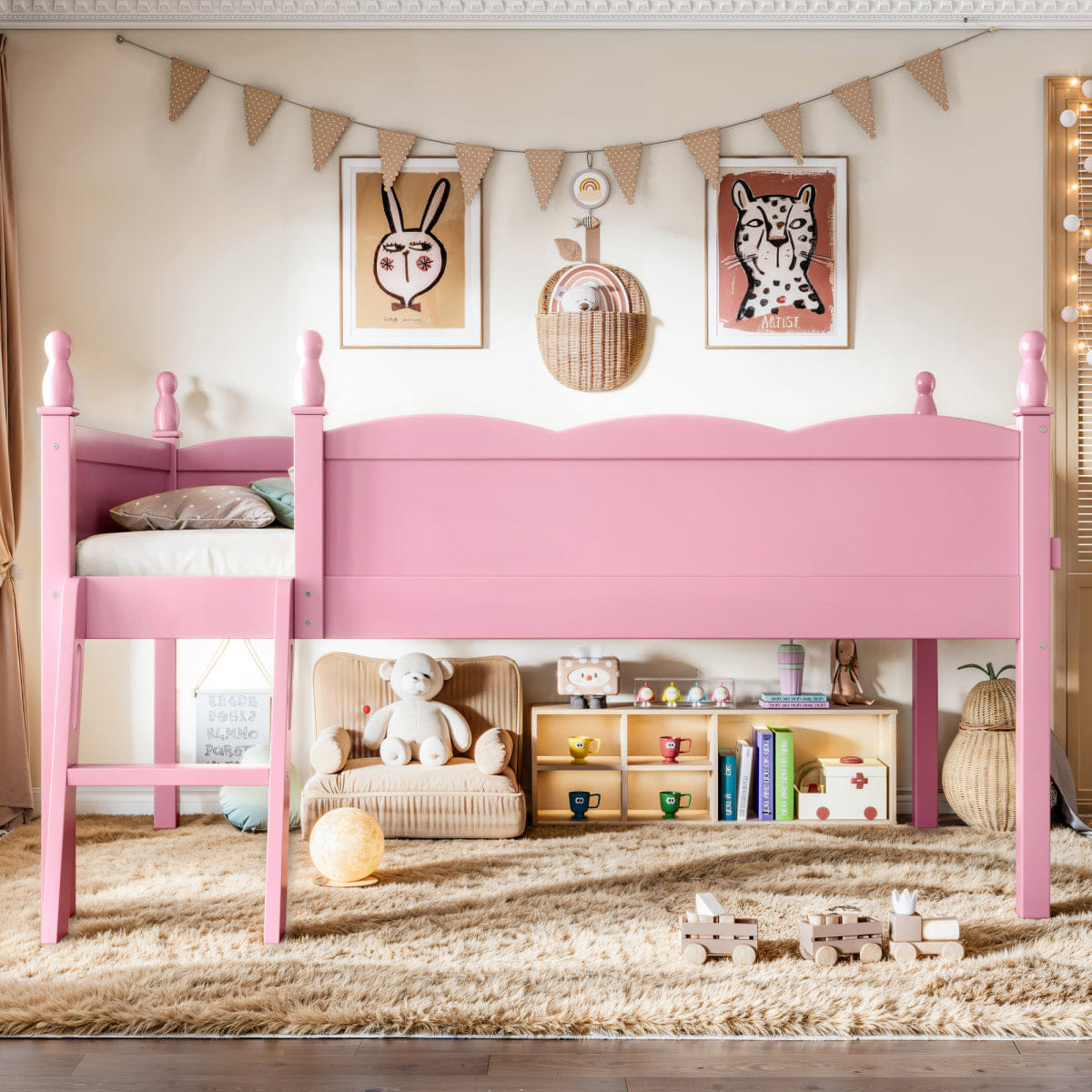 WOOD Streamdale Twin Wood Loft Bed with Full Guardrails, Ladder & Bookshelf, Pink