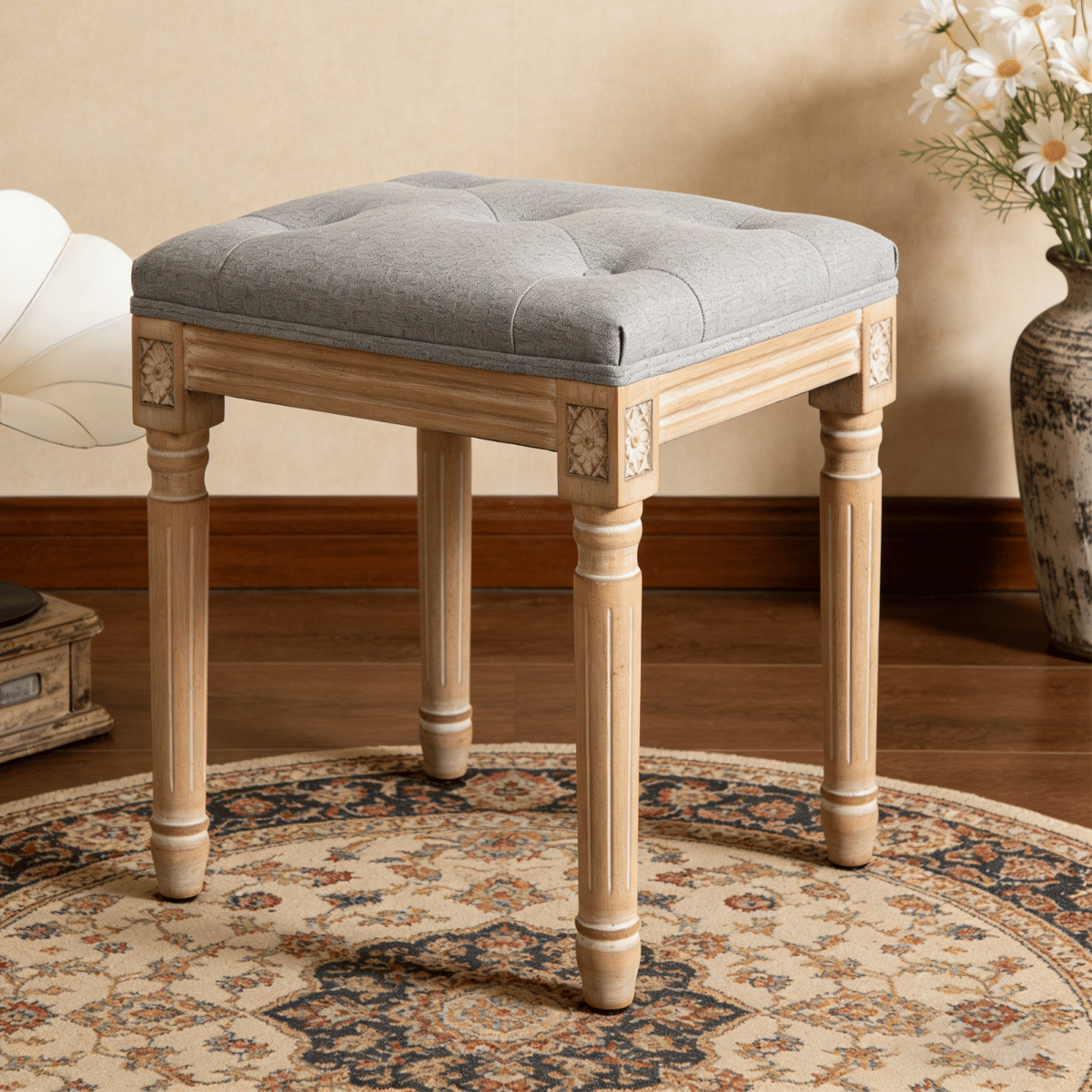 WOOD Streamdale Tufted Linen Vanity Stool with Wood Legs, Grey