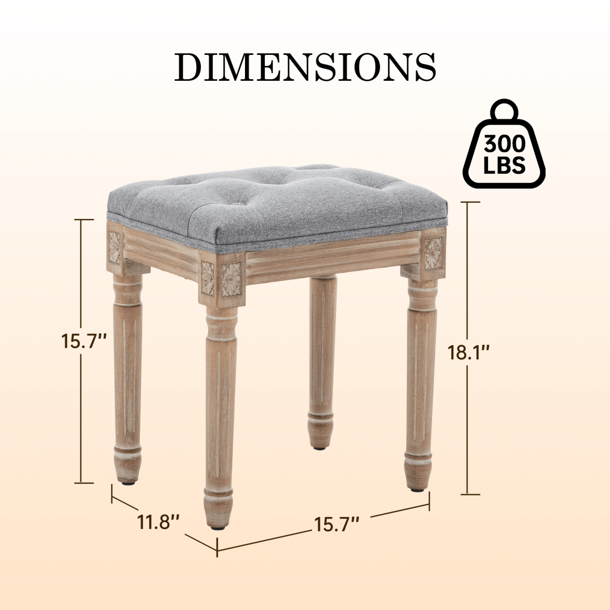 WOOD Streamdale Tufted Linen Vanity Stool with Wood Legs, Grey