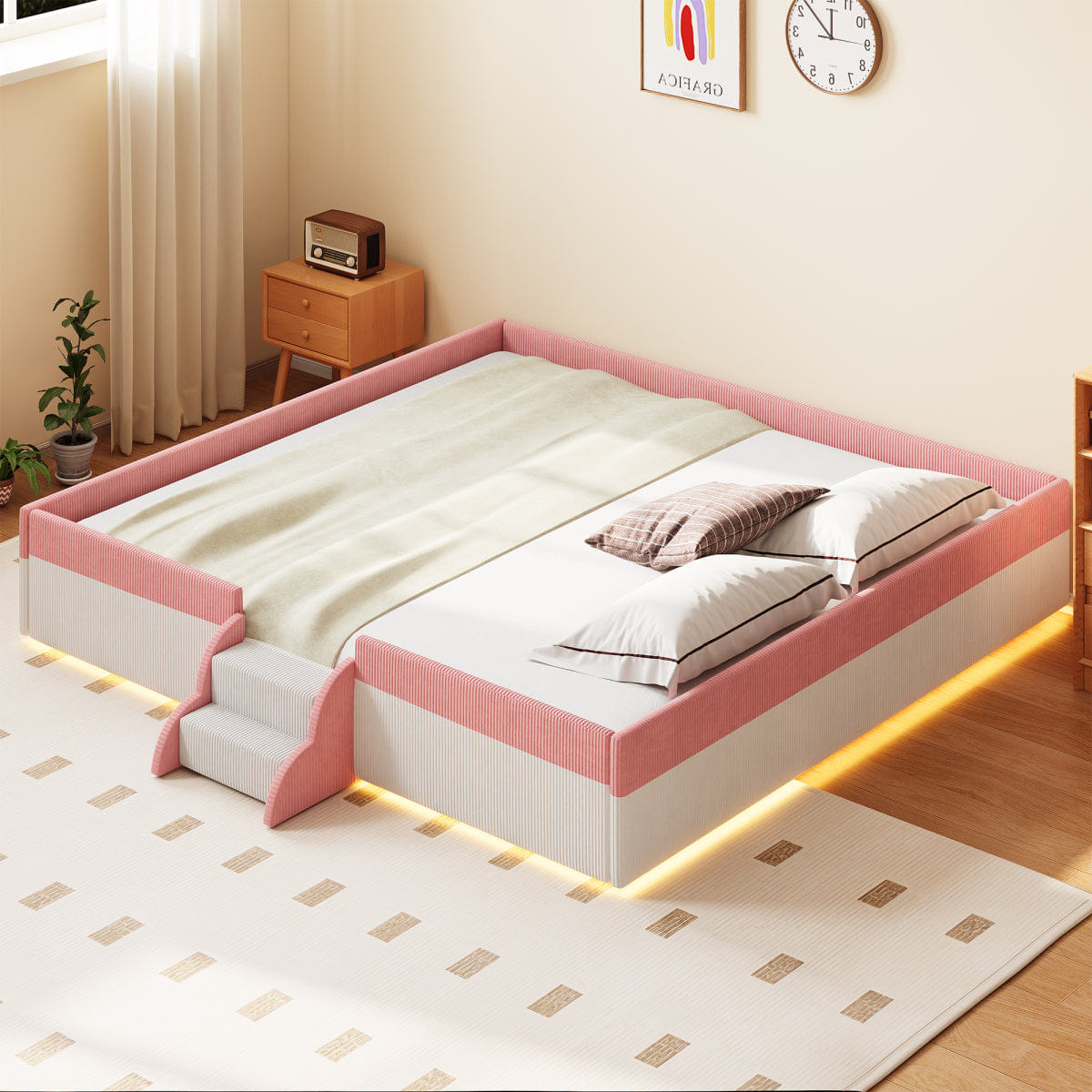 FLOOR Streamdale King Size Upholstered Floor Bed with Fence & LED Lights, Pink