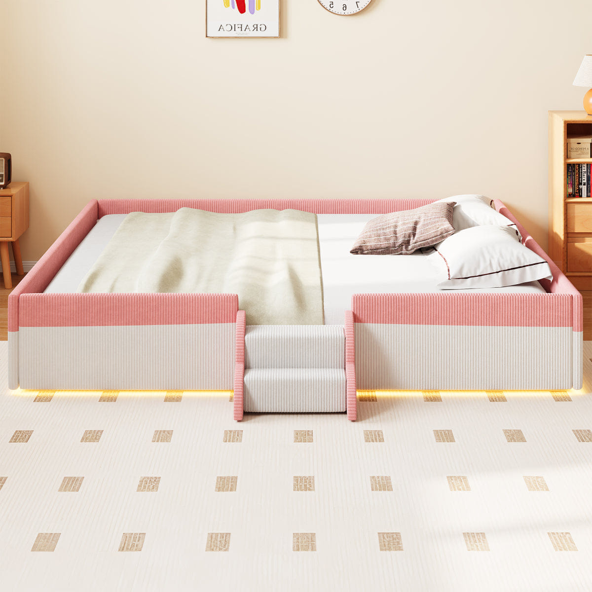 FLOOR Streamdale King Size Upholstered Floor Bed with Fence & LED Lights, Pink