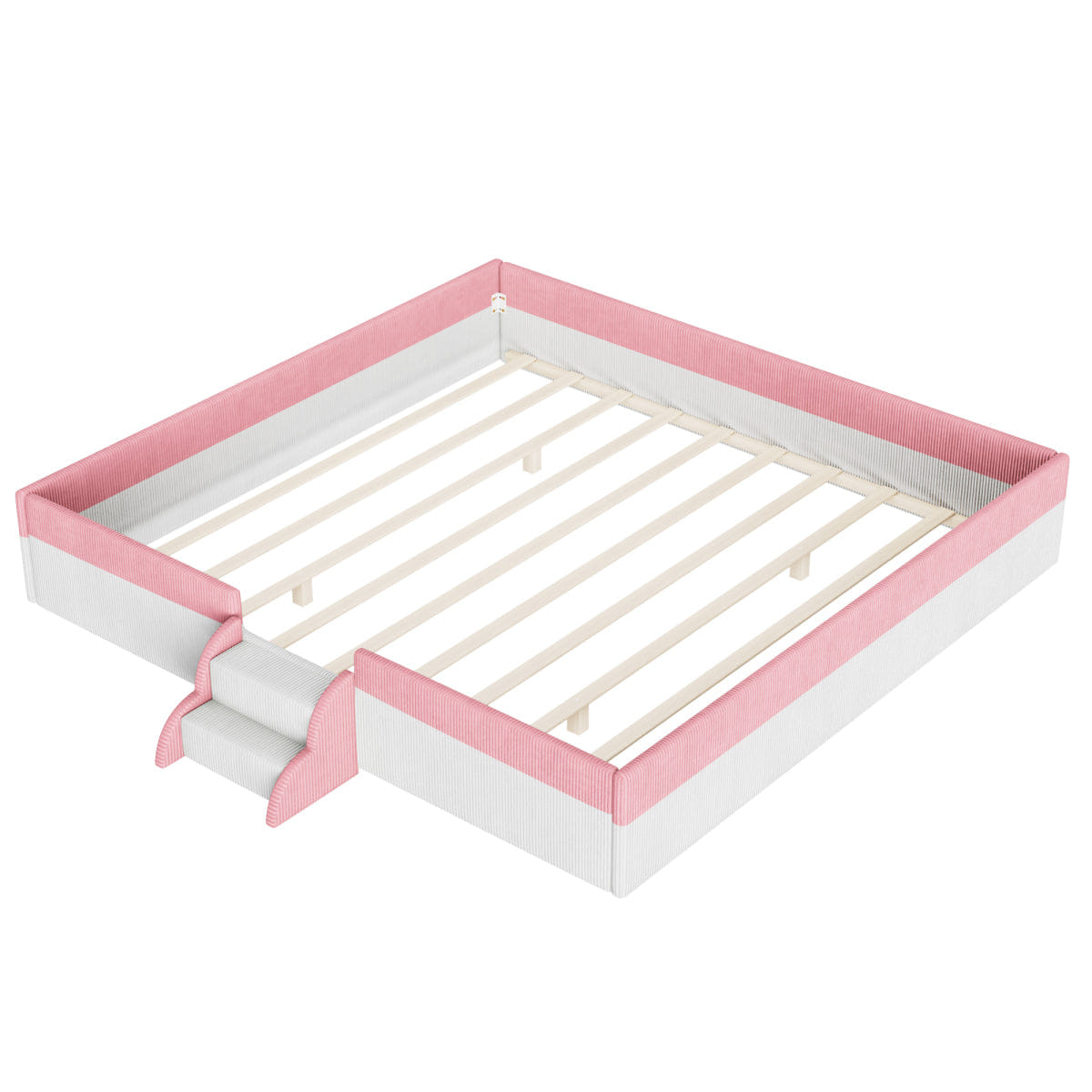 FLOOR Streamdale King Size Upholstered Floor Bed with Fence & LED Lights, Pink