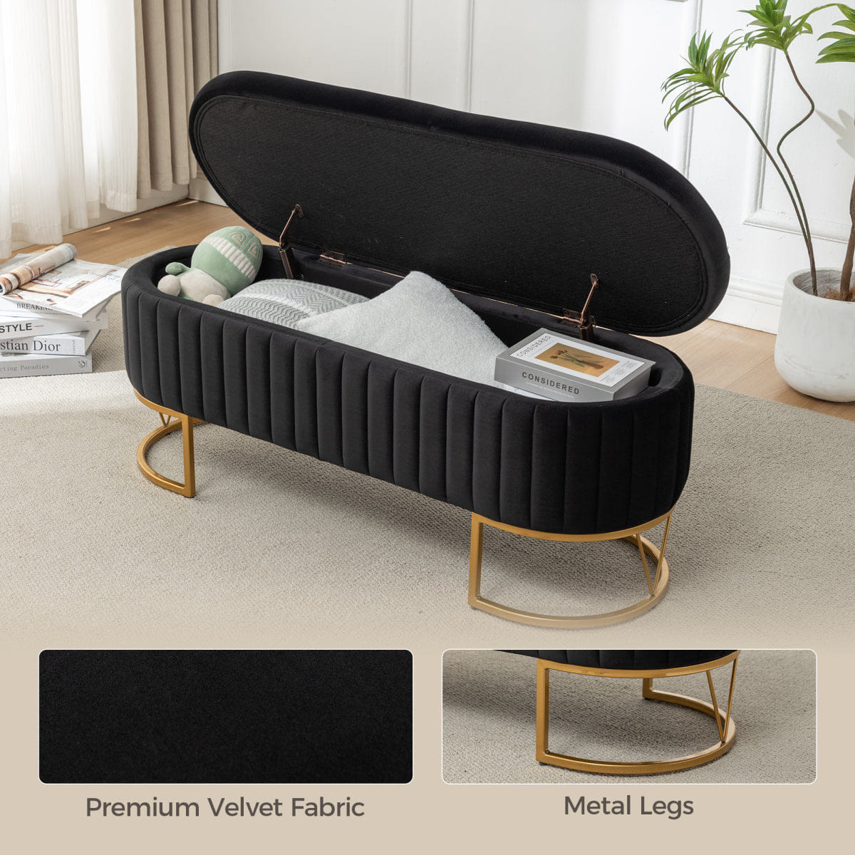Velvet Streamdale Velvet Oval Storage Bench with Golden Metal Legs, Black