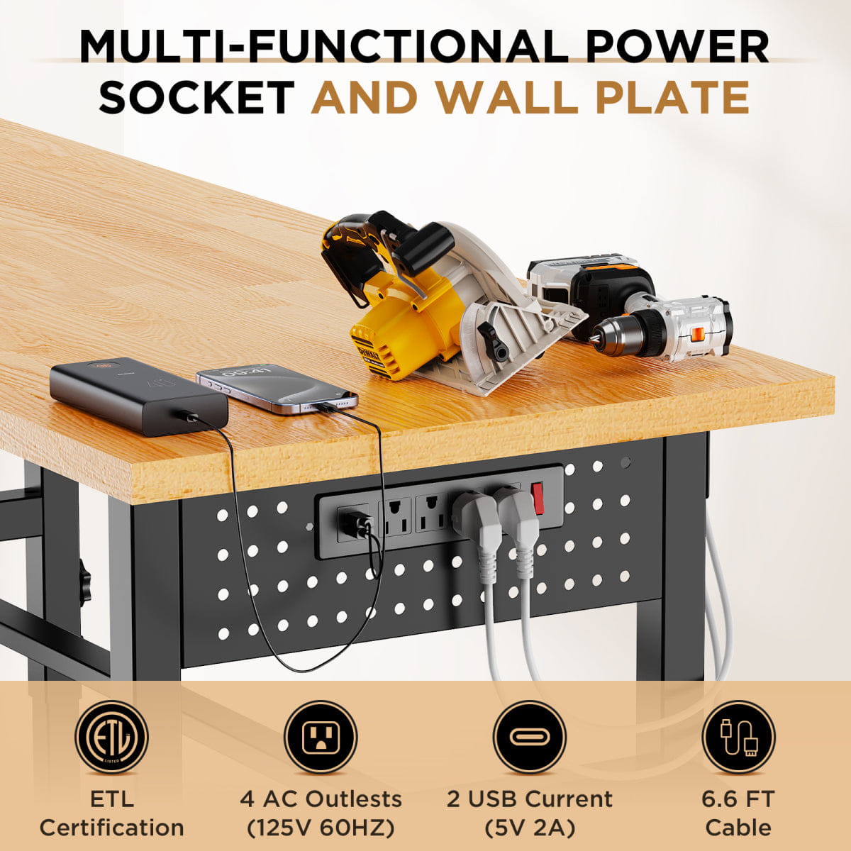!SOLID Streamdale 96" Adjustable Solid Wood Workbench with Power Outlet & Pegboard