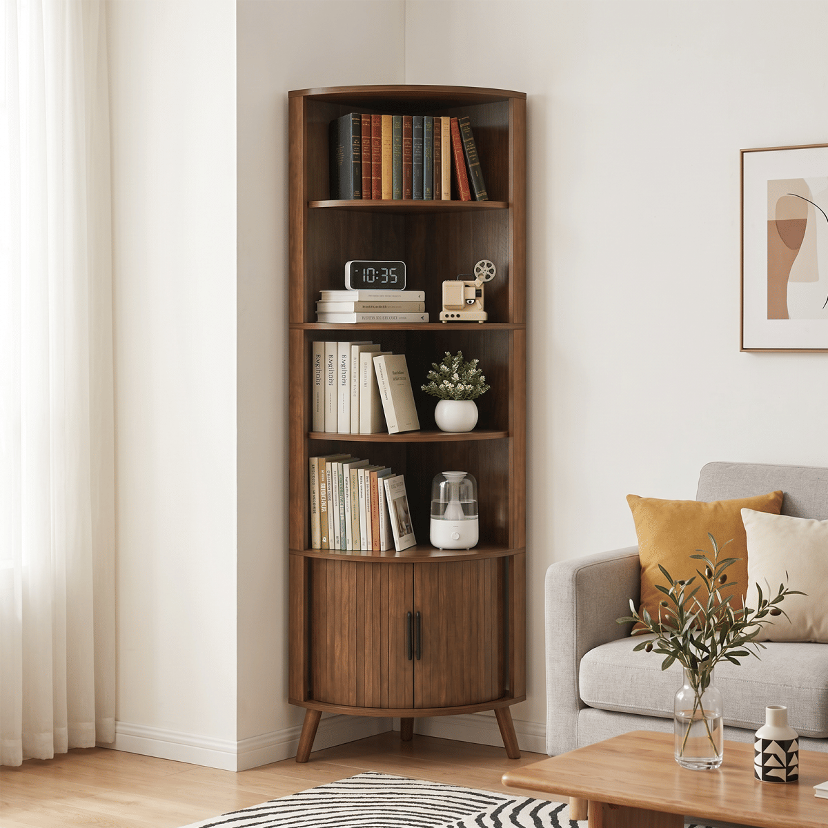 CORNER Streamdale 5 - Tier Tall Corner Bookshelf with Sliding Doors, Walnut