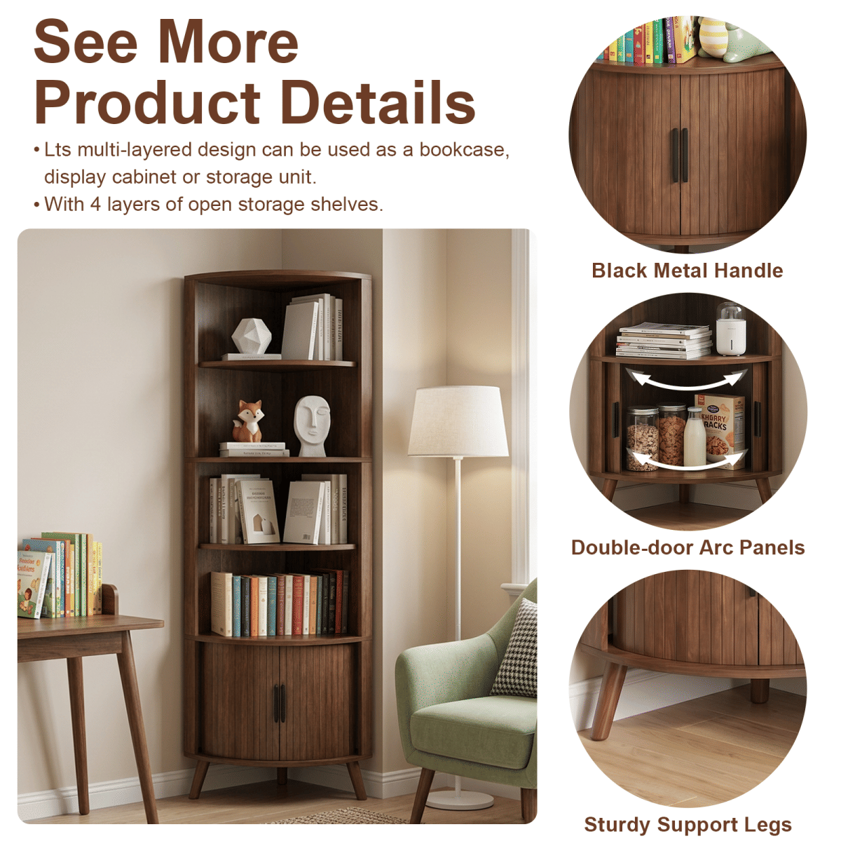 CORNER Streamdale 5 - Tier Tall Corner Bookshelf with Sliding Doors, Walnut