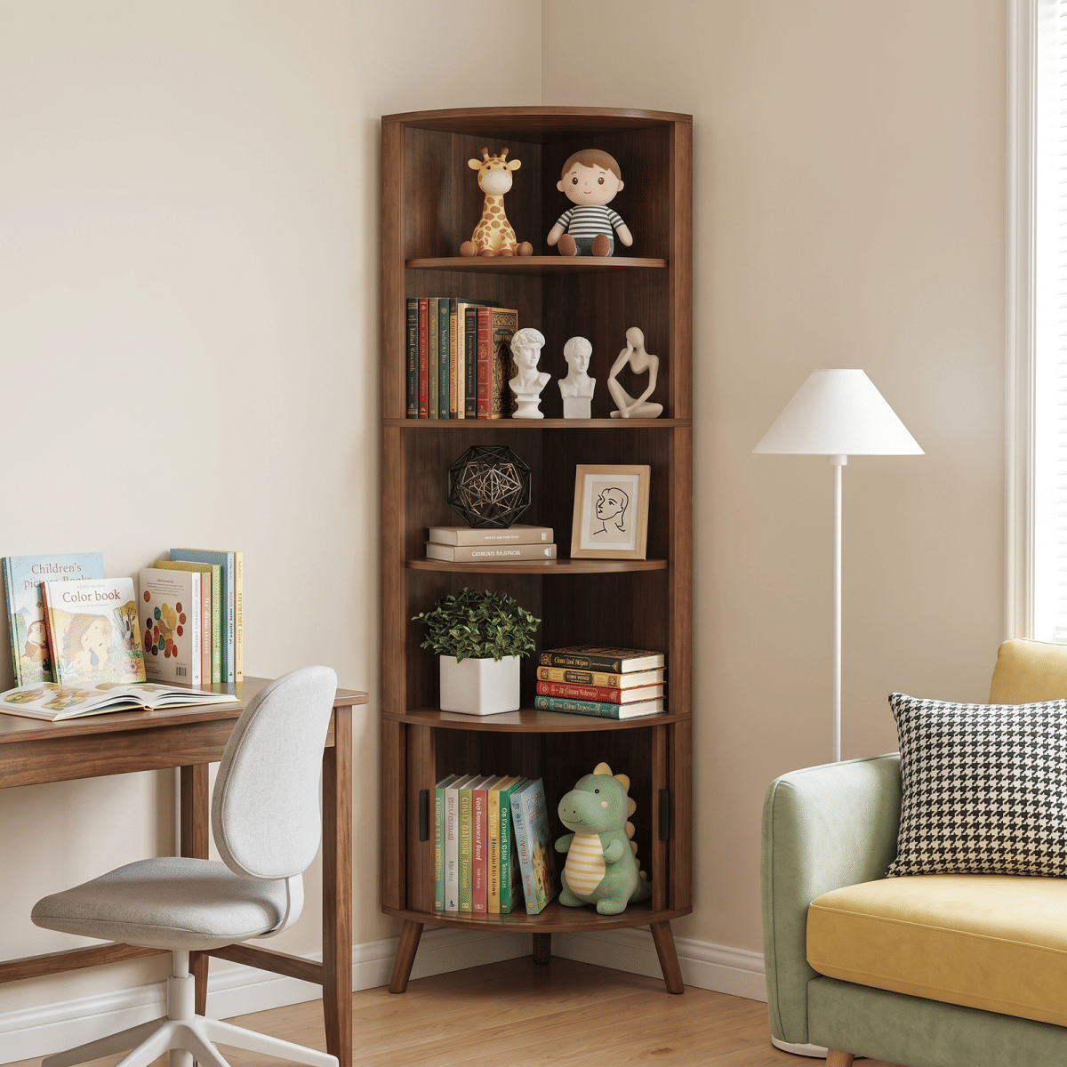 CORNER Streamdale 5 - Tier Tall Corner Bookshelf with Sliding Doors, Walnut