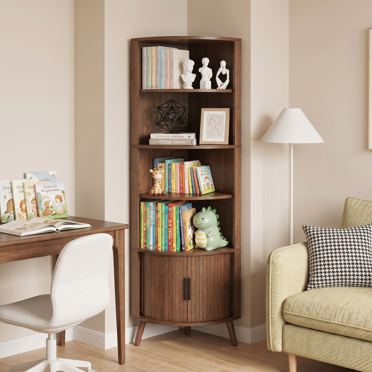 CORNER Streamdale 5 - Tier Tall Corner Bookshelf with Sliding Doors, Walnut