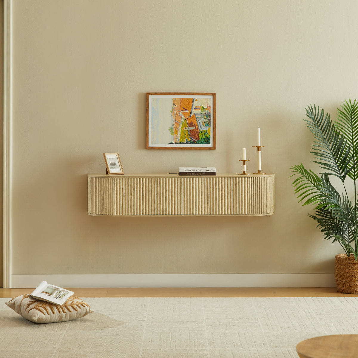 DOORS Streamdale 55" Floating TV Cabinet with Fluted Doors & Cable Management, Natural