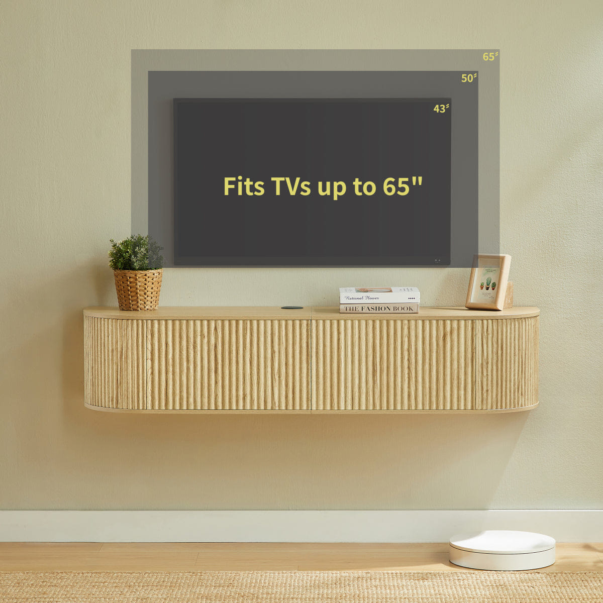 DOORS Streamdale 55" Floating TV Cabinet with Fluted Doors & Cable Management, Natural