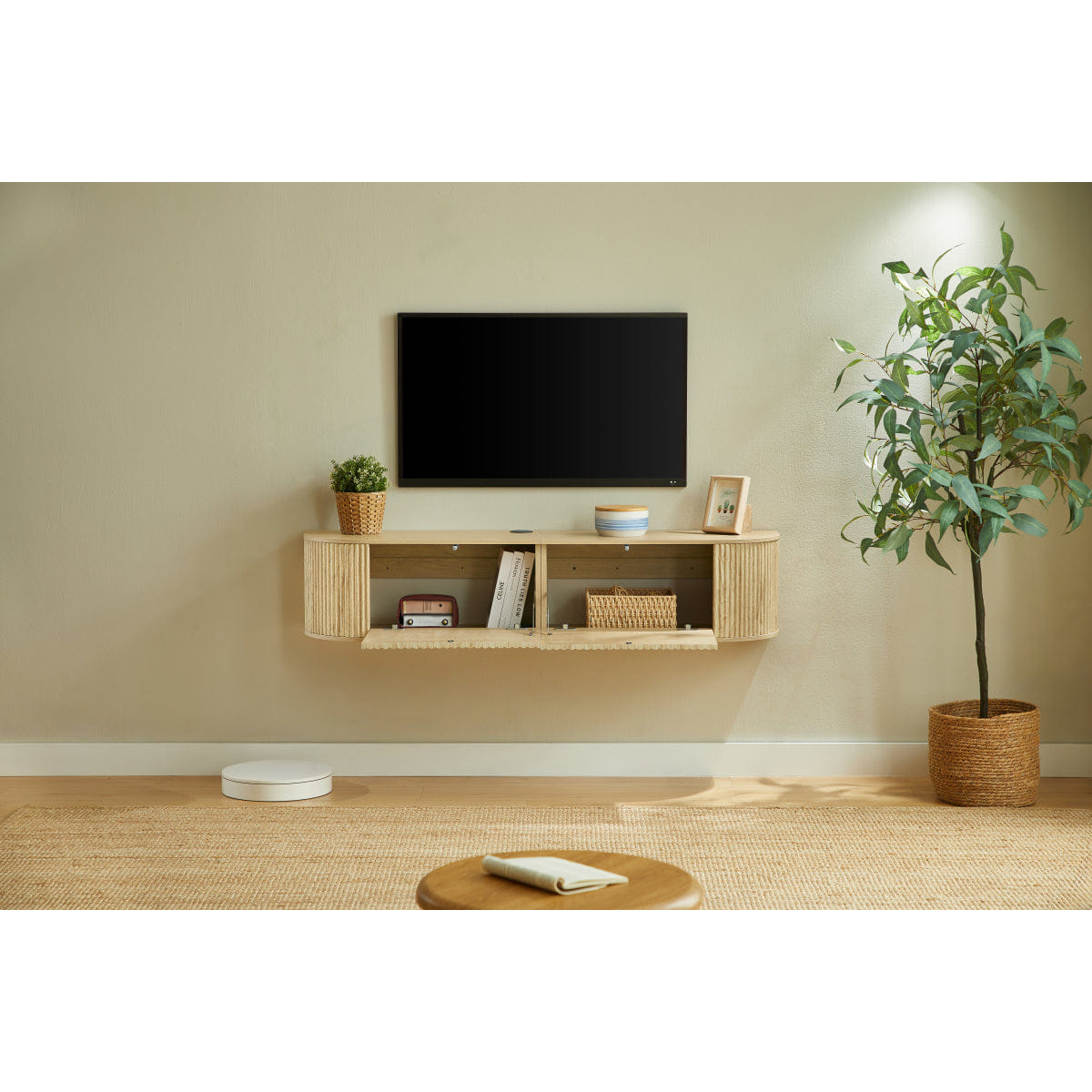 DOORS Streamdale 55" Floating TV Cabinet with Fluted Doors & Cable Management, Natural