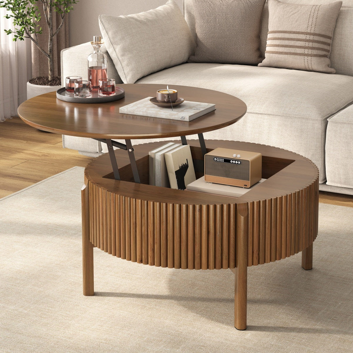 Hidden Streamdale Round Fluted Lift - Top Coffee Table with Hidden Storage, Walnut
