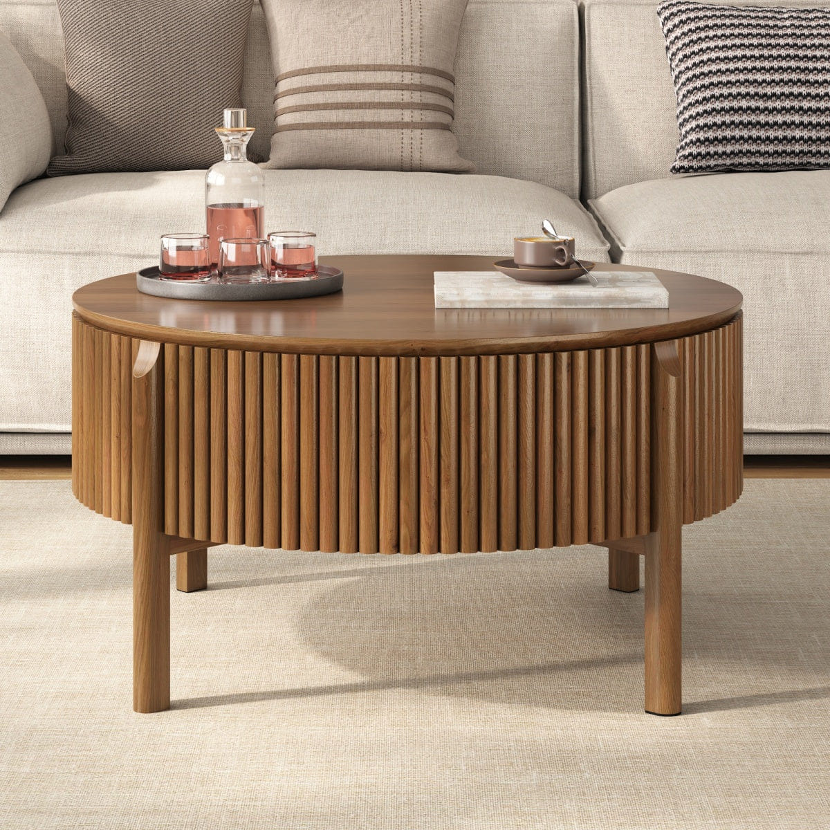 Hidden Streamdale Round Fluted Lift - Top Coffee Table with Hidden Storage, Walnut