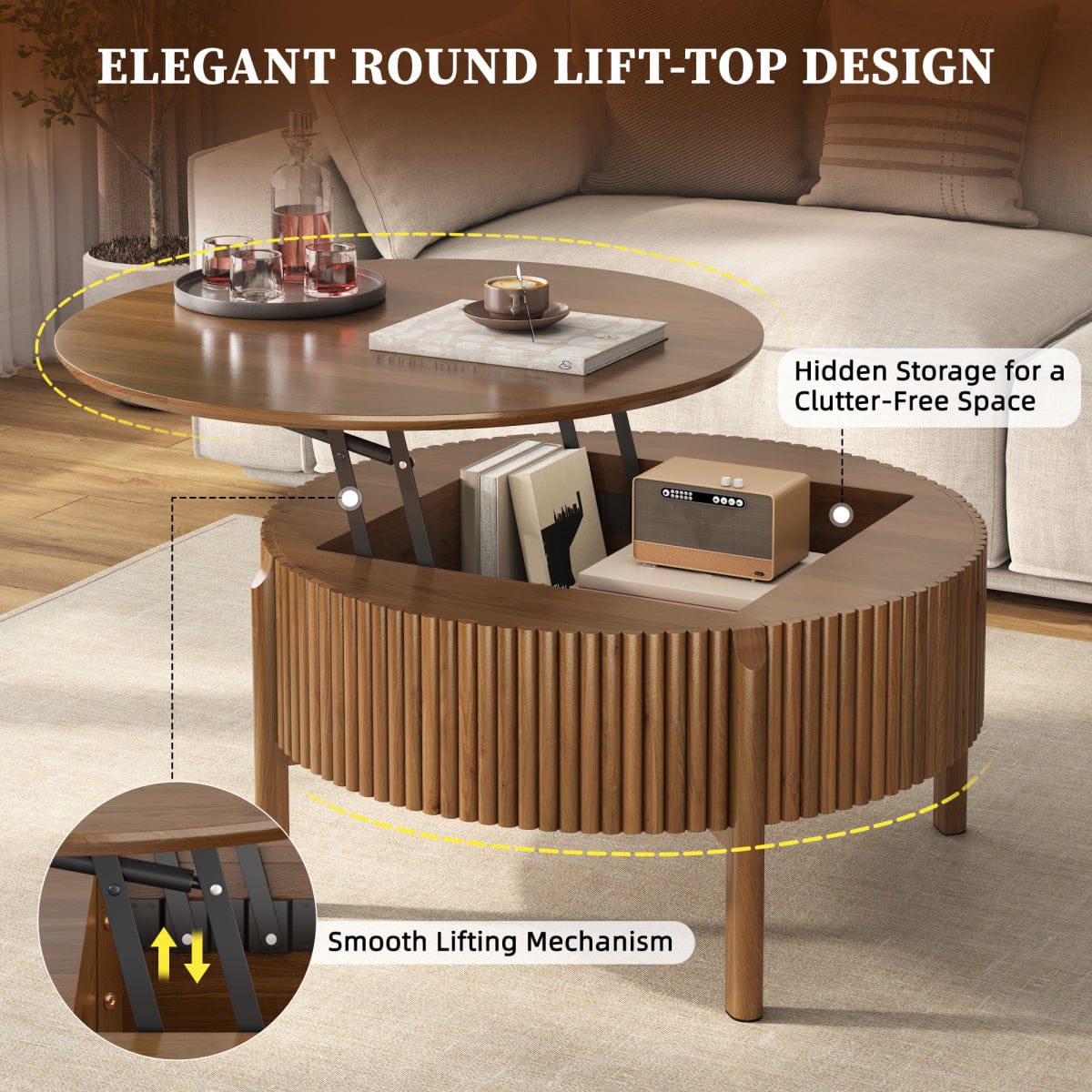 Hidden Streamdale Round Fluted Lift - Top Coffee Table with Hidden Storage, Walnut