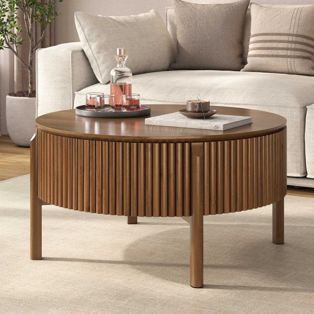 Hidden Streamdale Round Fluted Lift - Top Coffee Table with Hidden Storage, Walnut