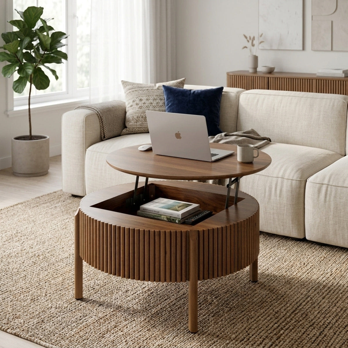 Hidden Streamdale Round Fluted Lift - Top Coffee Table with Hidden Storage, Walnut