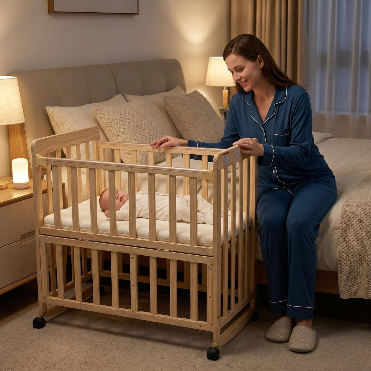 WOOD Streamdale Pine Wood Bedside Bassinet & Portable Mini Crib with Mattress