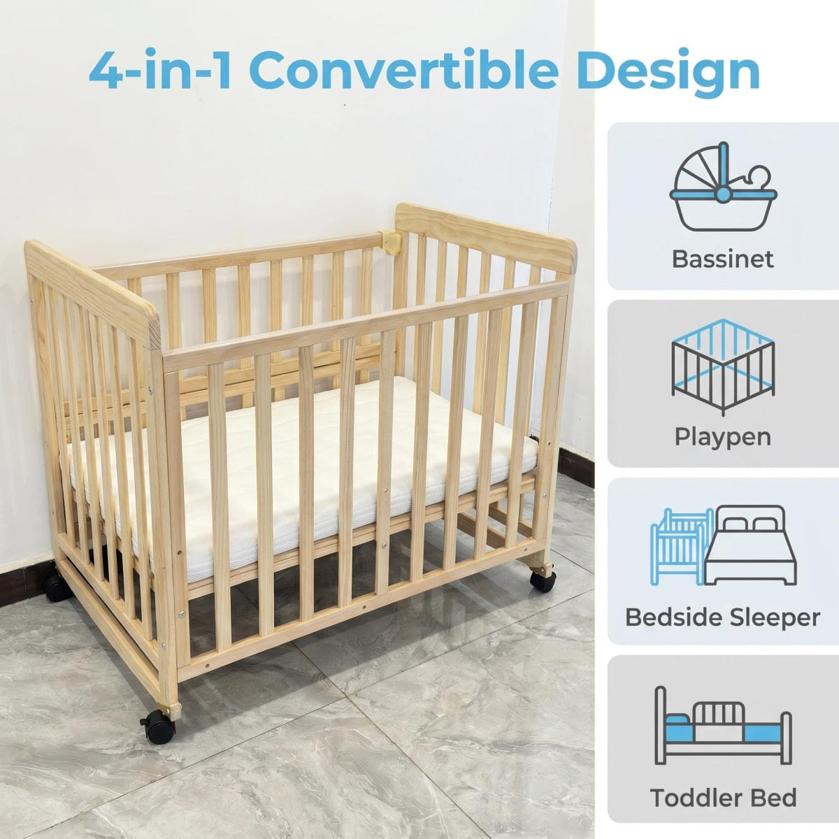 WOOD Streamdale Pine Wood Bedside Bassinet & Portable Mini Crib with Mattress