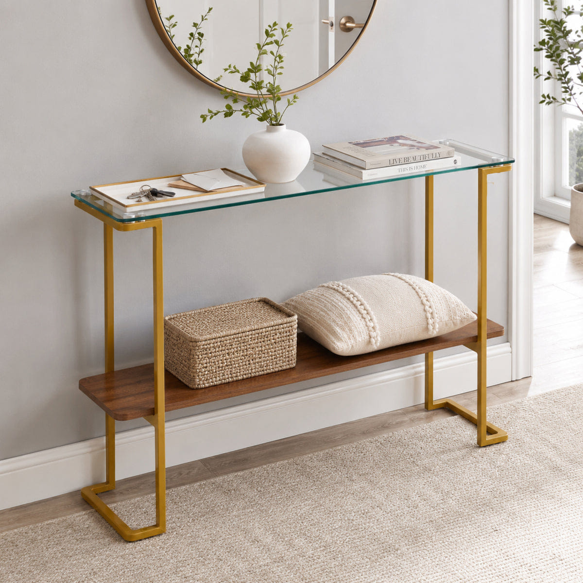 And Streamdale Mid - Century Modern 2 - Tier Glass Console Table in Walnut and Gold