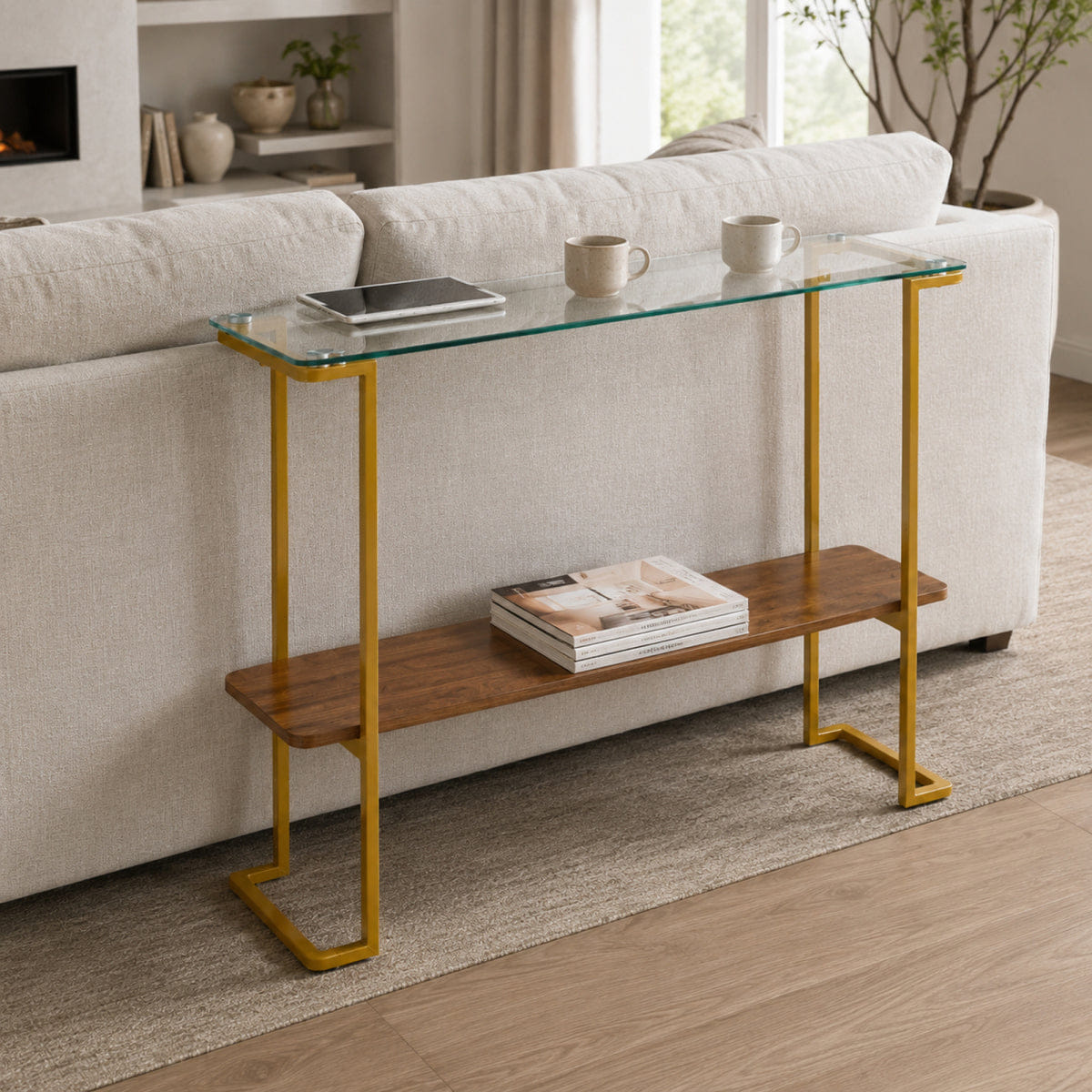 And Streamdale Mid - Century Modern 2 - Tier Glass Console Table in Walnut and Gold