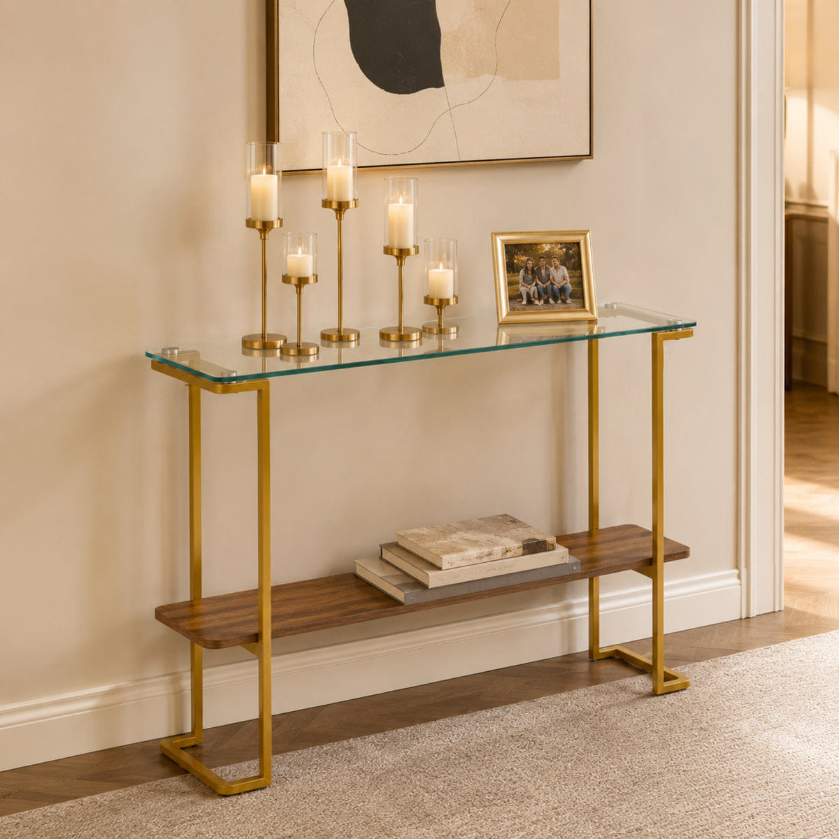 And Streamdale Mid - Century Modern 2 - Tier Glass Console Table in Walnut and Gold