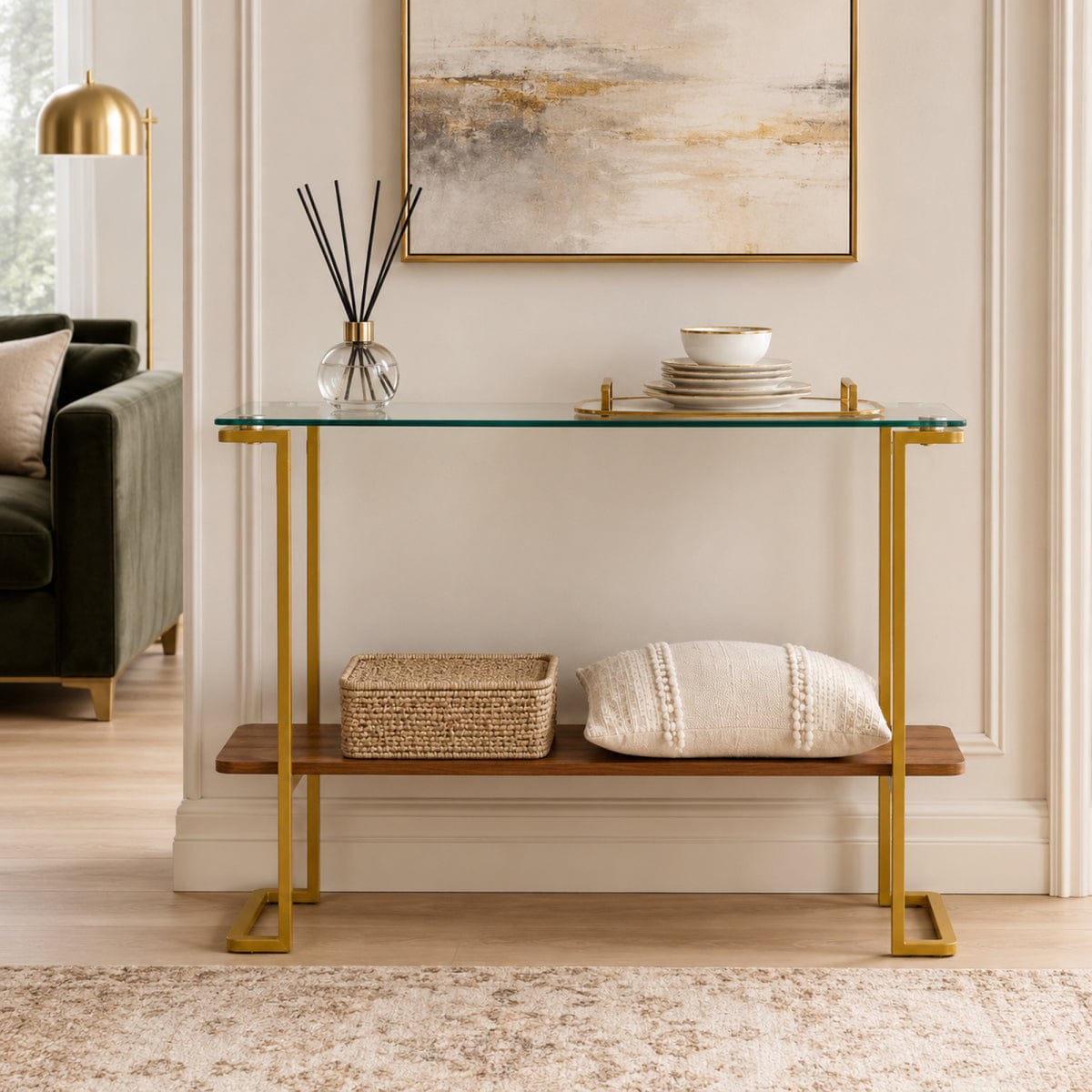 And Streamdale Mid - Century Modern 2 - Tier Glass Console Table in Walnut and Gold