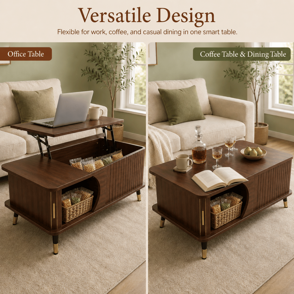 Hidden Streamdale Wood Lift Top Coffee Table with Hidden Compartment and Storage Shelf, Walnut