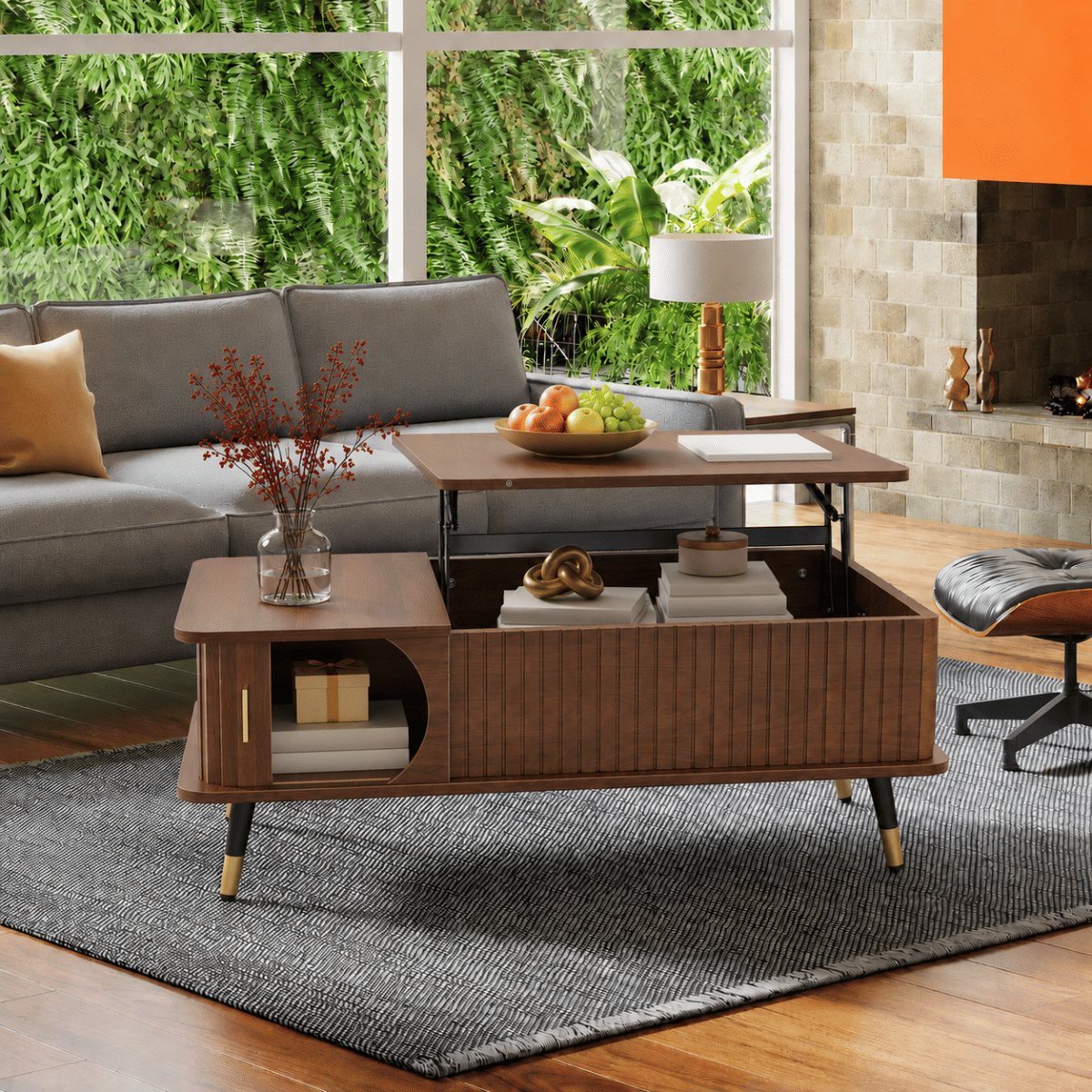 Hidden Streamdale Wood Lift Top Coffee Table with Hidden Compartment and Storage Shelf, Walnut