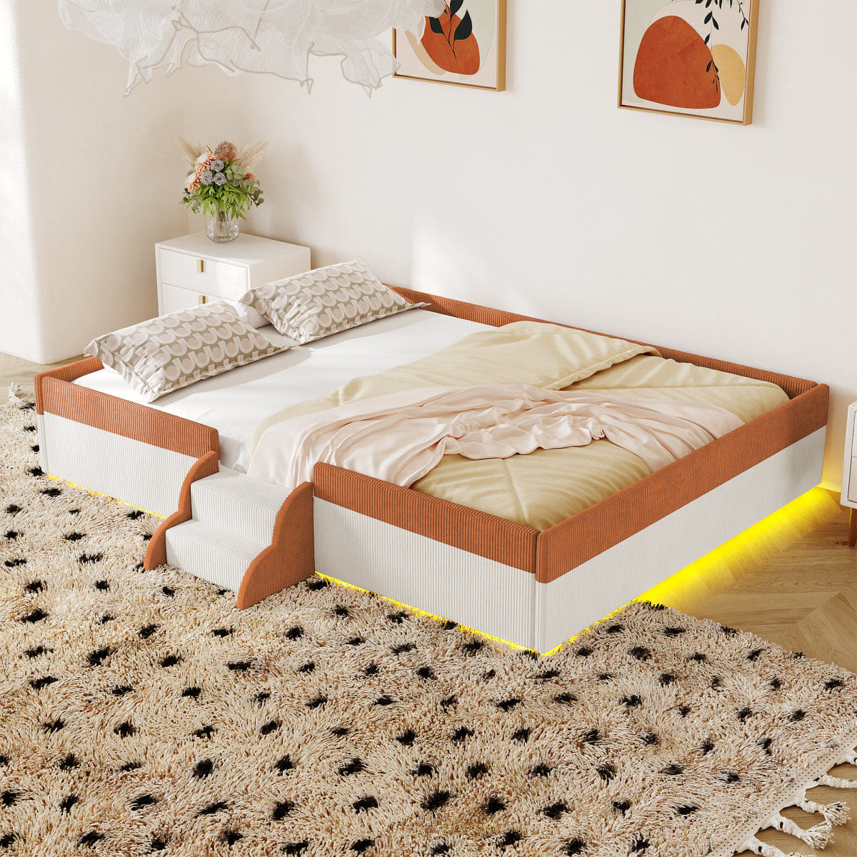 FLOOR Streamdale Full Size Upholstered Floor Bed with Fence, Steps & LED Lights