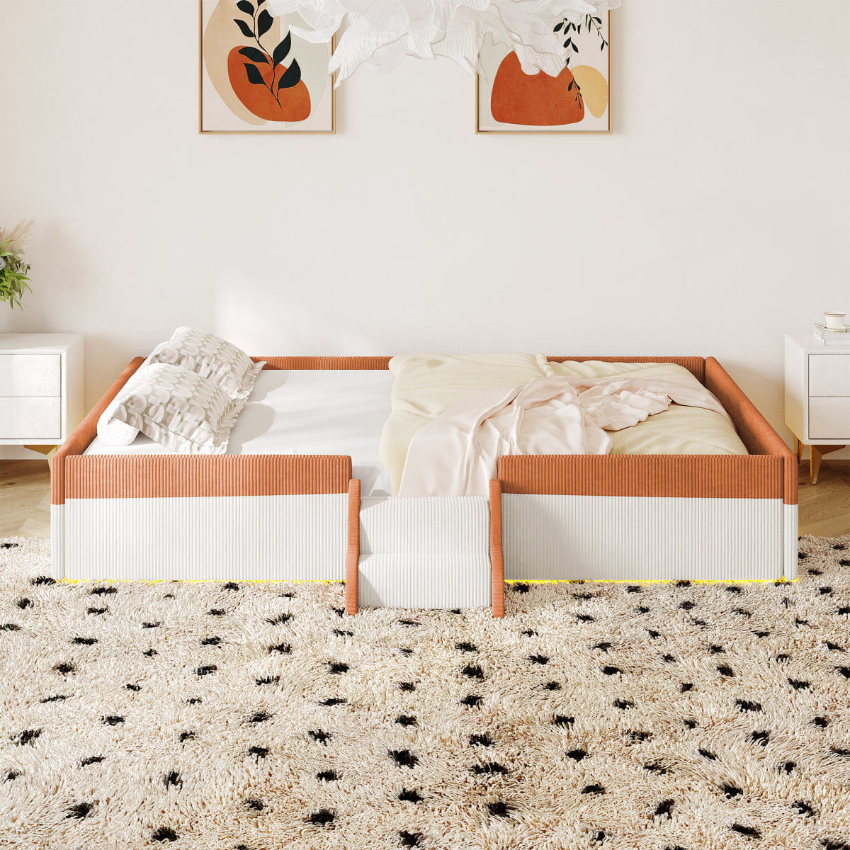 FLOOR Streamdale Full Size Upholstered Floor Bed with Fence, Steps & LED Lights