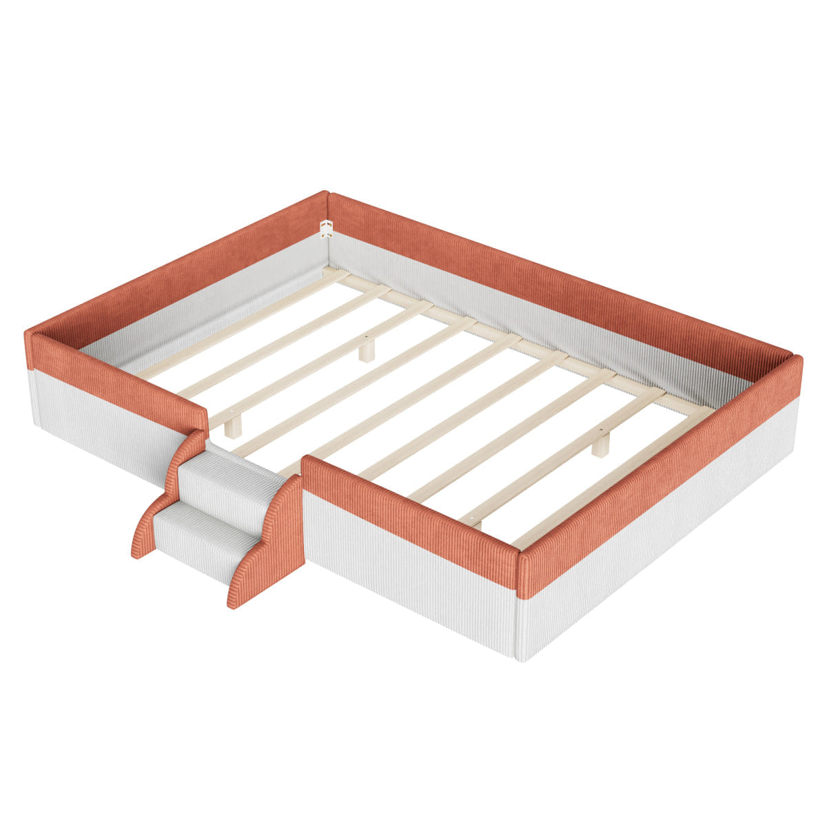 FLOOR Streamdale Full Size Upholstered Floor Bed with Fence, Steps & LED Lights