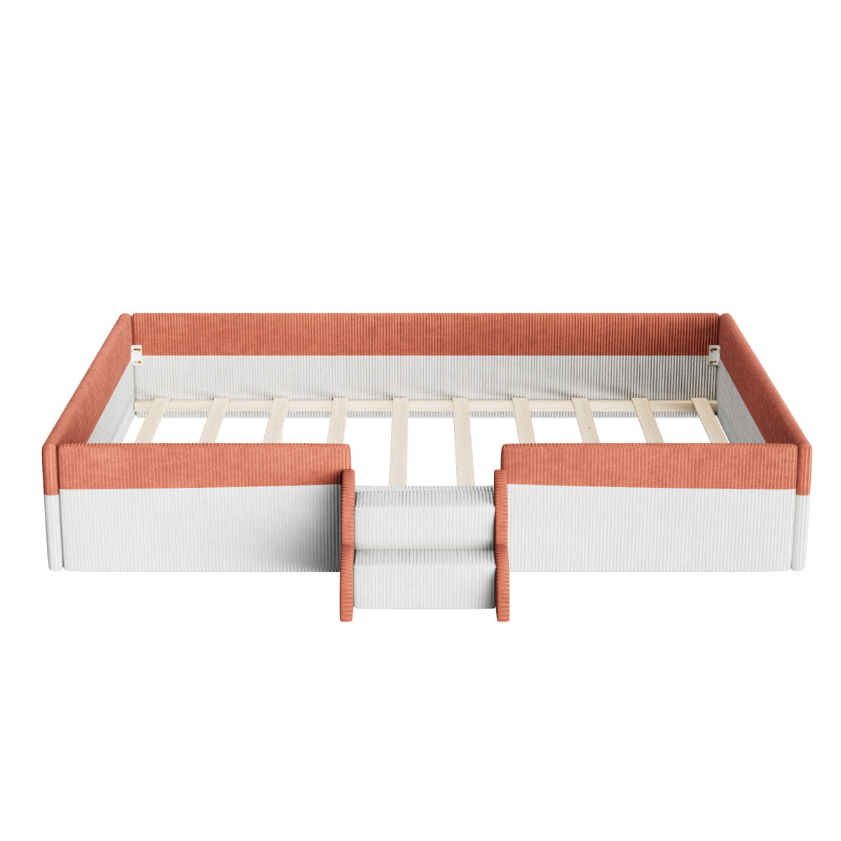 FLOOR Streamdale Full Size Upholstered Floor Bed with Fence, Steps & LED Lights
