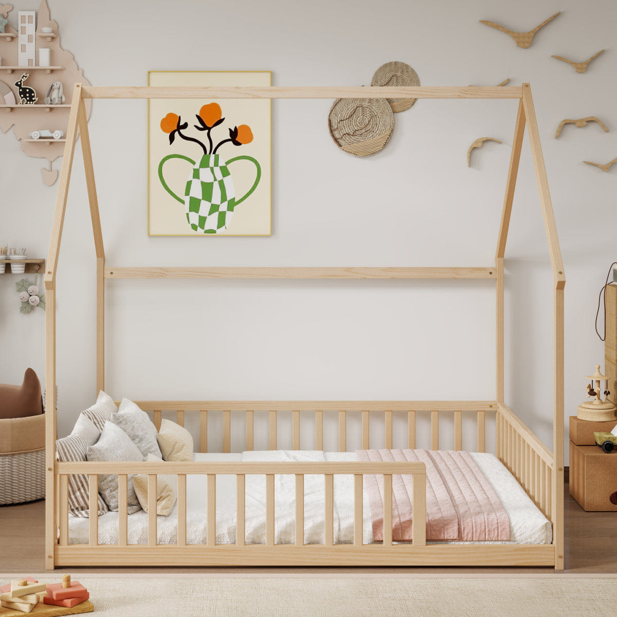 FLOOR Streamdale Full Size House Floor Bed with Roof and Safety Guardrails, Natural
