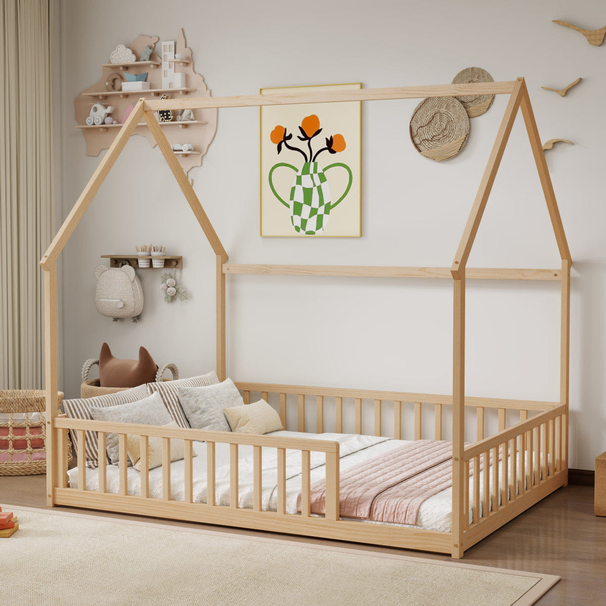 FLOOR Streamdale Full Size House Floor Bed with Roof and Safety Guardrails, Natural