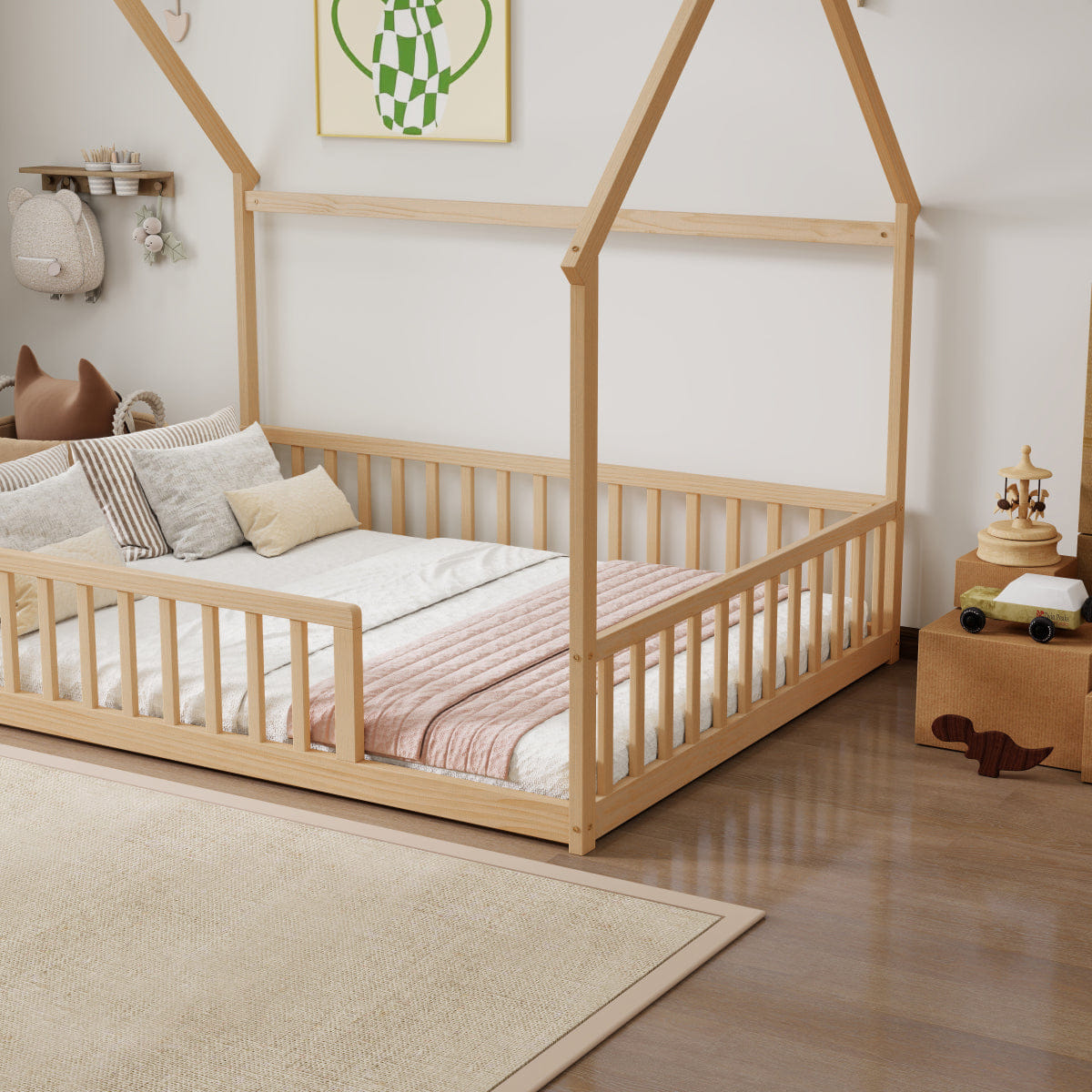 FLOOR Streamdale Full Size House Floor Bed with Roof and Safety Guardrails, Natural
