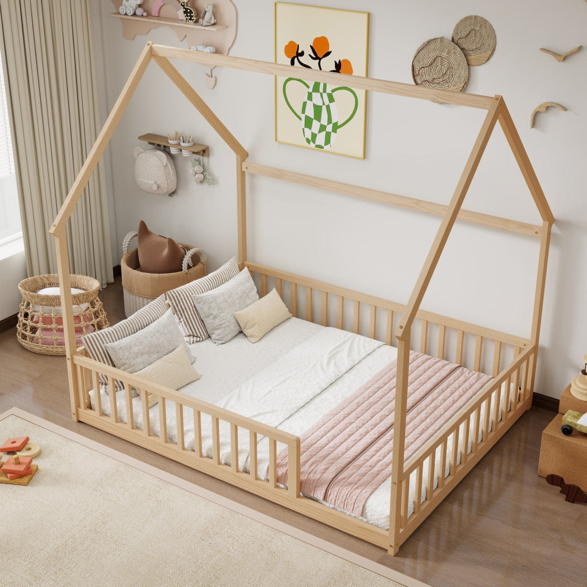 FLOOR Streamdale Full Size House Floor Bed with Roof and Safety Guardrails, Natural